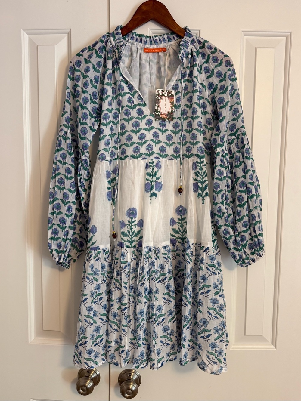 Oliphant Balloon Long Sleeve V Neck Mini Dress Size XXS NWT Terra Blue